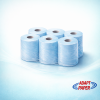 Case of 6 blue 2-ply laminated autocut roll hand towels measuring 150 metres for food-safe washroom dispensers