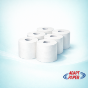 Stack of white 2-ply mini jumbo toilet rolls with 60mm core