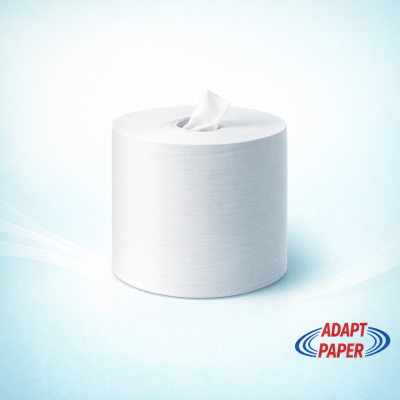 White commercial centrefeed toilet roll dispenser mounted on a washroom wall
