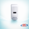 White commercial foam soap dispenser wall mounted with a grey push lever and viewing window