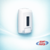 White commercial soap dispenser wall mounted with a push button and viewing window
